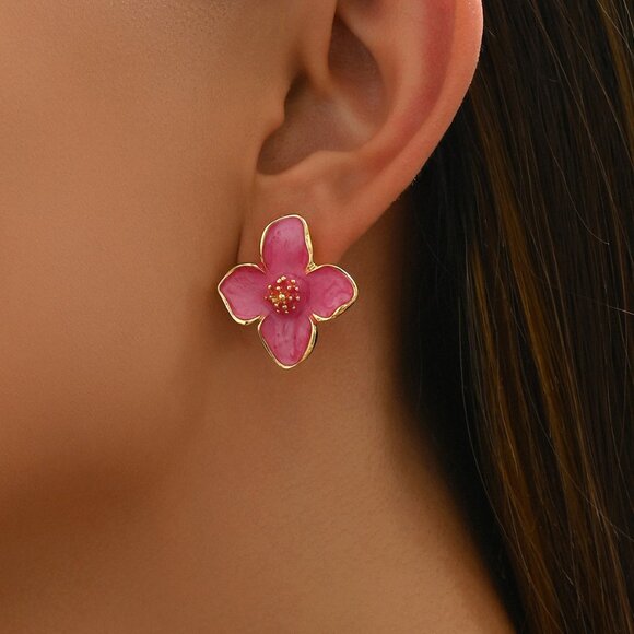 🌸 Pink Flower Stud Earrings ✨ Dainty Floral Design 🌼 Copper - Picture 1 of 5